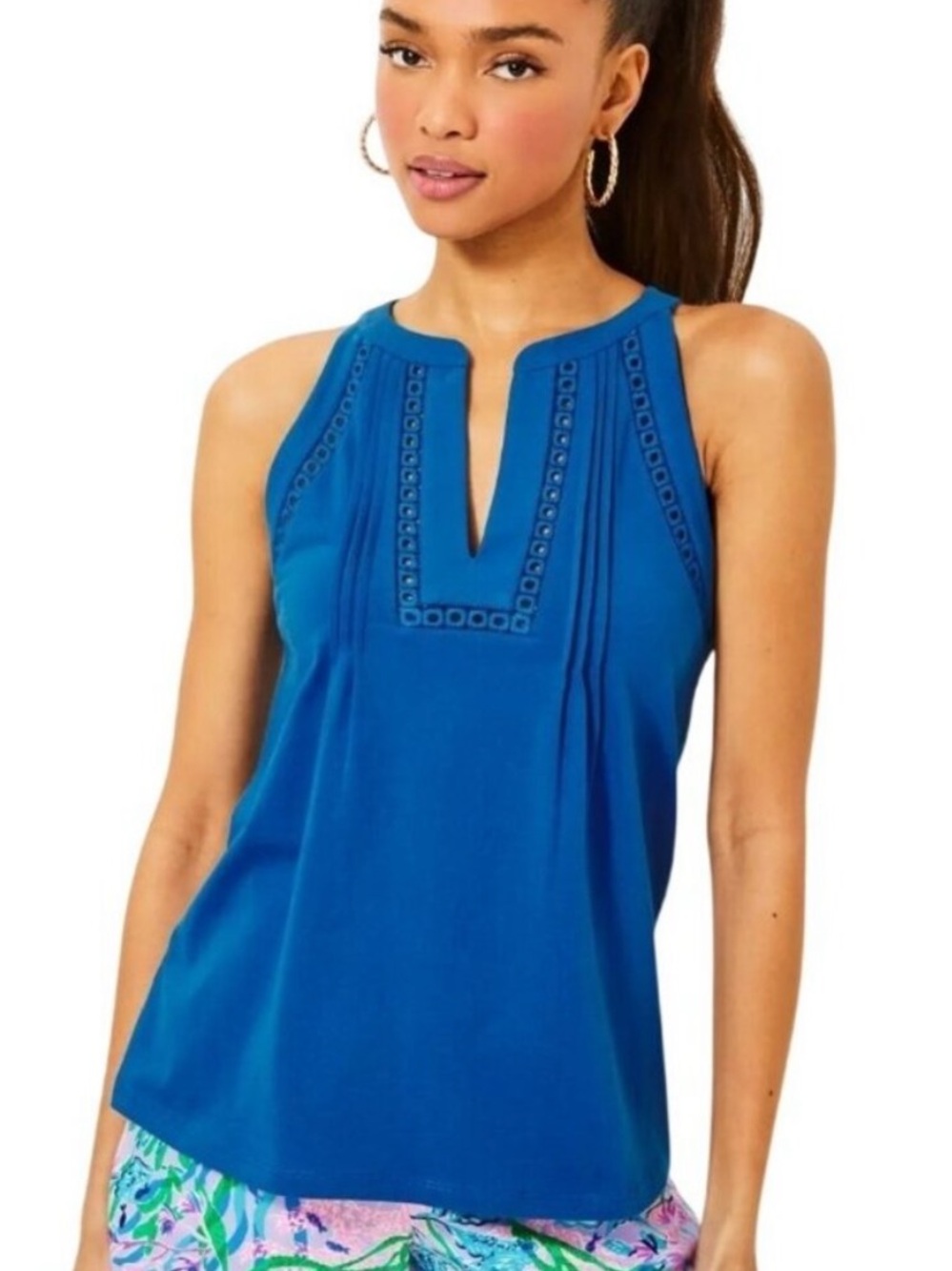 Lilly Pulitzer Women's Isaac Knit Top Tank Pintuck Resort Blue Cotton M